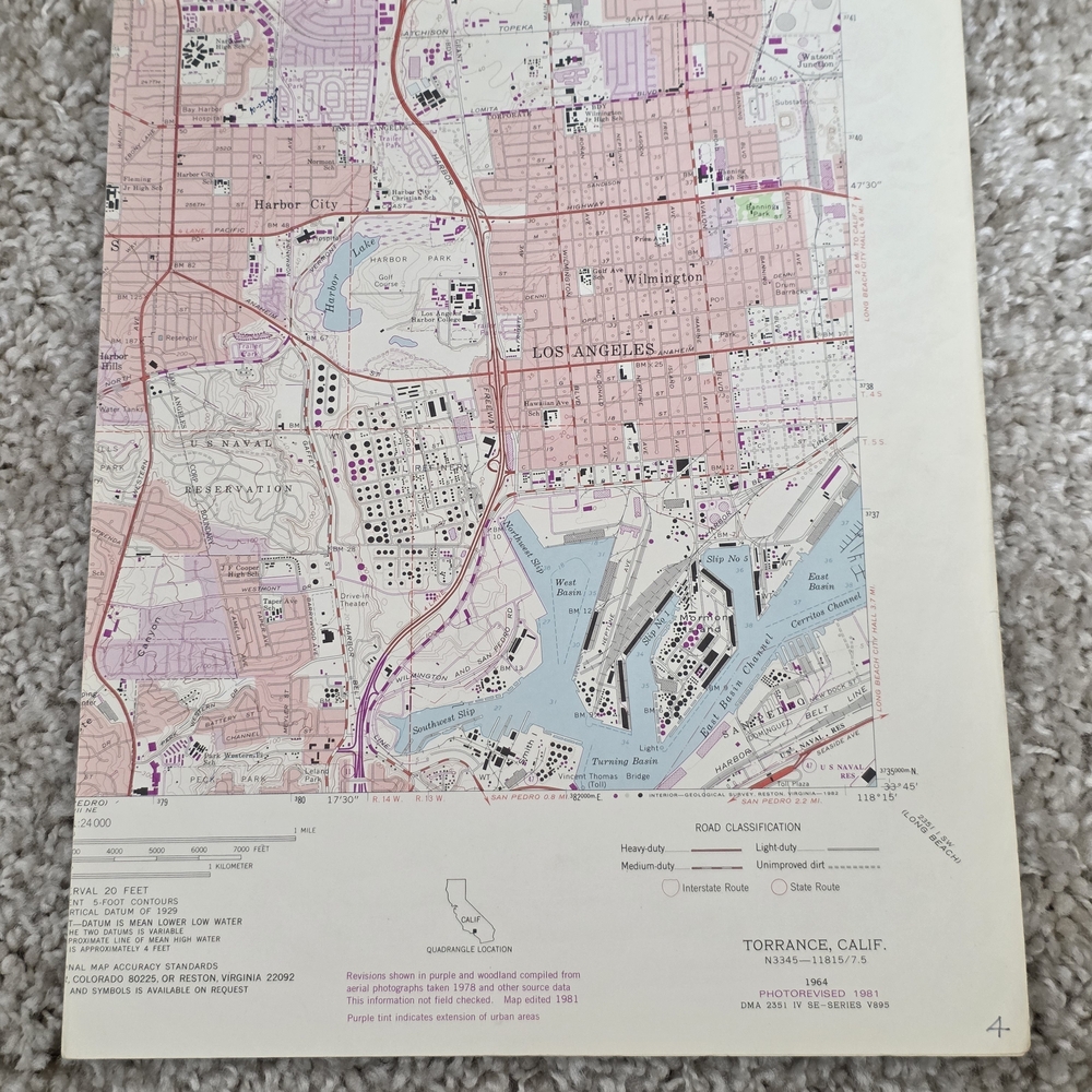 Vintage Torrance California Map Poster - Pink & Blue. Many Other Topo Maps Avail